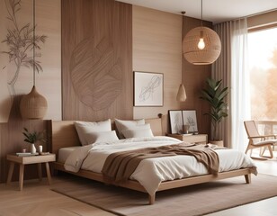 A modern bedroom in boho style with big lighting fixtures..