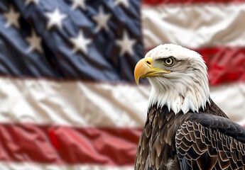 Obraz premium American bald eagle portrait against a waving flag. Generative AI. 