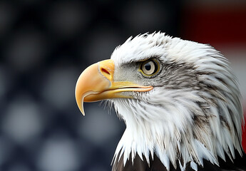 Obraz premium American bald eagle portrait against a waving flag. Generative AI. 