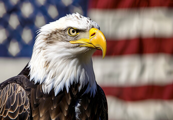 Naklejka premium American bald eagle portrait against a waving flag. Generative AI. 