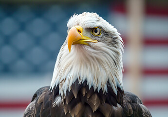 Obraz premium American bald eagle portrait against a waving flag. Generative AI. 