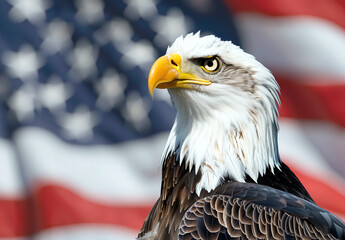 American bald eagle portrait against a waving flag. Generative AI. 
