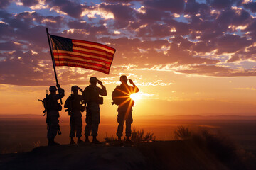 American soldiers saluting the USA flag against the golden hour light background. Generative AI.