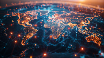 A world map with glowing, interconnected nodes representing a global logistics network, emphasizing seamless connectivity across continents. 