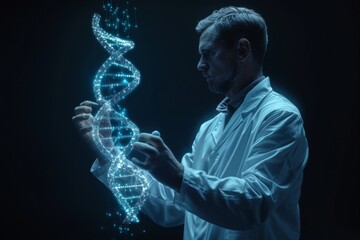 Futuristic Scientist Interacting with Holographic DNA Strand in High-Tech Laboratory