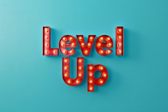 Vibrant Retro Marquee "Level Up" Sign Against a Teal Background - Powered by Adobe