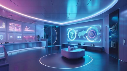 An artistic rendering of a futuristic smart home control room