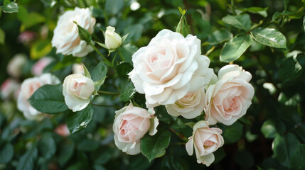Fototapeta premium Soft white roses in full bloom radiate elegance and purity, surrounded by lush green leaves, embodying a timeless beauty.