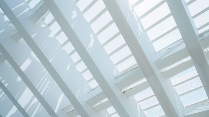 Fototapeta premium Light filters through a modern latticework roof, casting intricate patterns and enhancing the airy, spacious feel of the architectural space.