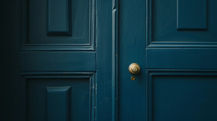 A close-up of an elegant blue door with a golden knob, showcasing timeless craftsmanship and a touch of sophistication.