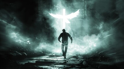 Obraz premium A man walks towards a bright light emanating from a cross with angel wings, symbolizing faith, hope, salvation, and a new beginning.