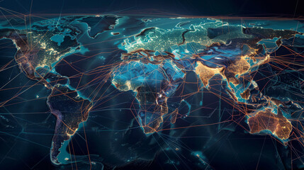 A world map with interconnected routes illustrating global shipping lanes, air routes, and transportation networks, emphasizing the global reach of logistics services. 