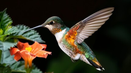 A delicate hummingbird with glowing, multicolored feathers hovering near a flower, with copy space, high-resolution photo, realistic photo, hyper realistic