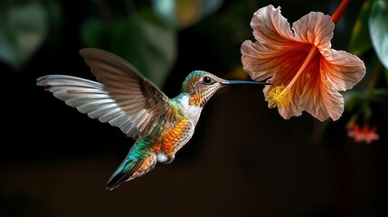 Fototapeta premium A delicate hummingbird with glowing, multicolored feathers hovering near a flower, with copy space, high-resolution photo, realistic photo, hyper realistic
