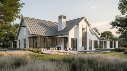 A modern, spacious house with large glass windows, surrounded by lush greenery and bathed in soft, golden sunlight, exemplifying luxury and tranquility.