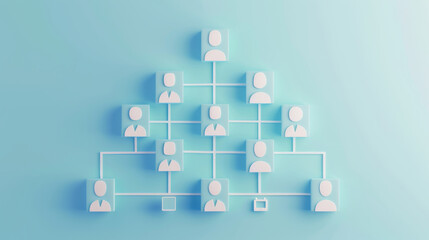 Illustration of a simplified organizational chart with icons over a soft blue background, symbolizing corporate structure and teamwork.