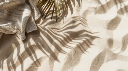 A serene beach scene with soft sand, dappled with palm leaf shadows and a cozy blanket, suggesting relaxation and tranquility.
