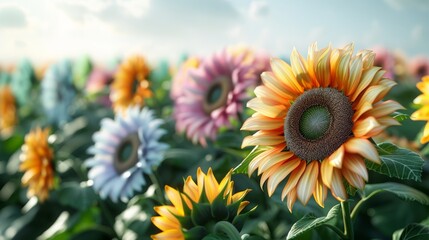 Fototapeta premium A field of delicate, glowing sunflowers, each bloom showing a spectrum of colors, with copy space, high-resolution photo, realistic photo, hyper realistic