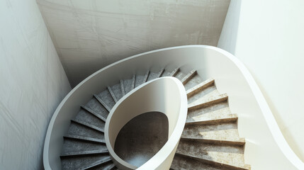 Fototapeta premium An elegant spiral staircase made of smooth, white stone showcases a harmonious, flowing design, accentuated by the play of light and shadow.