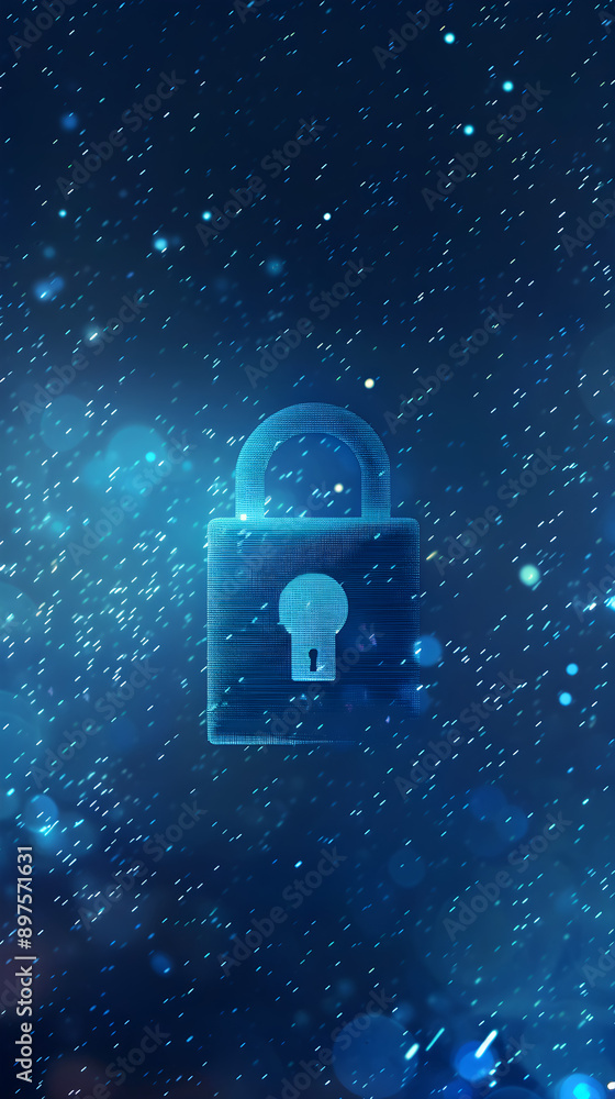 Poster a glowing padlock surrounded by a blue background and light particles symbolizes security and protec