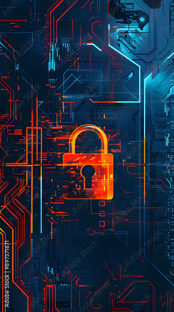 Poster a digital lock symbol stands out on a dark technology background, representing cybersecurity and dat