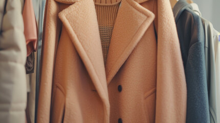 A close-up of a cozy peach-colored coat hanging neatly, evoking feelings of comfort and style in a warm setting.