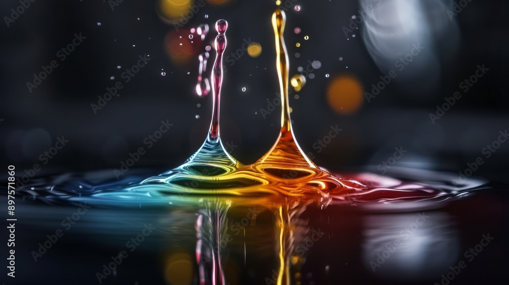 Poster vibrant and dynamic splash of colorful liquid droplets captured in motion against a dark background.