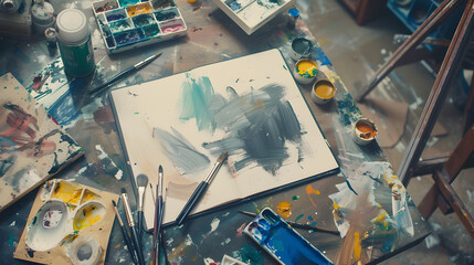 A creative workspace filled with paint, brushes, and an open sketchbook showcasing colorful strokes and textures