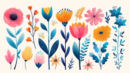 Assorted spring floral elements in vibrant colors, including buds and blossoms, arranged on a white background