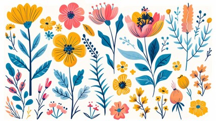 Assorted spring floral elements in vibrant colors, including buds and blossoms, arranged on a white background