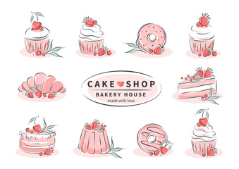 Different desserts, pastry dishes, ingredients for baking items, donuts. Vector illustration for menu, recipe book, baking shop, cafe.