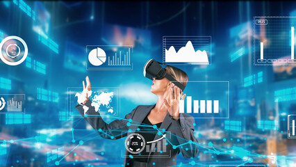 Woman reporter explaining dynamic market data calculated analysis pointing big data business by VR innovation interface digital infographic network technology visual hologram animation. Contraption.