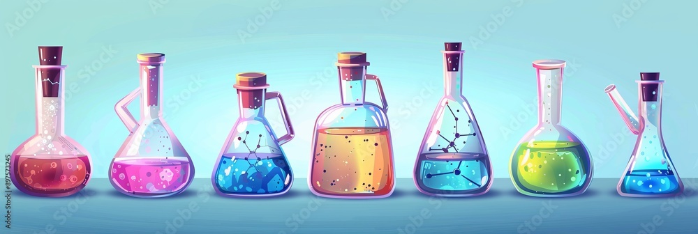 Poster a row of colorful beakers filled with different potions and solutions, symbolizing science, chemistr