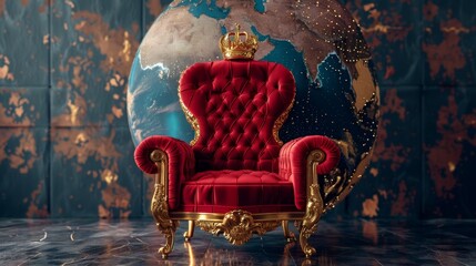 A regal throne with a golden crown, positioned in front of a globe, symbolizes power, authority, and global leadership.
