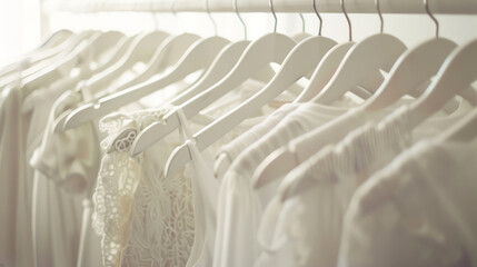 A row of elegant white dresses hanging on a rack in soft lighting, evoking simplicity and sophistication in fashion.