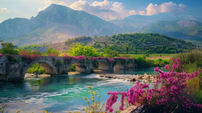 stunning spring view of old mes bridge gorgeous morning landscape of shkoder colorful outdoor scene of albania europe traveling concept background