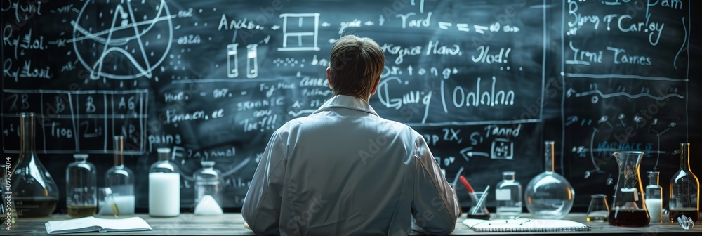 Poster a scientist in a lab coat stands in front of a blackboard filled with equations and formulas. the sc