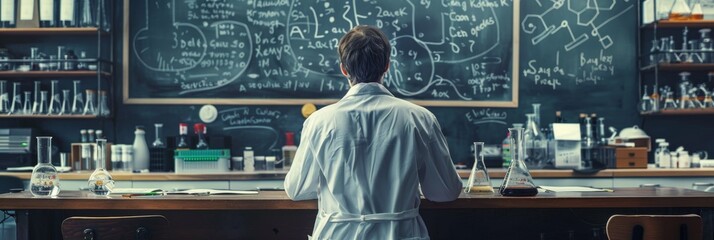A scientist in a lab coat stands in front of a chalkboard with scientific formulas, symbolizing education, research, discovery, innovation, and knowledge.