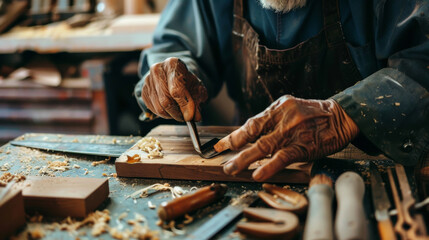 An artisan meticulously carves wood in a workshop, surrounded by tools and shavings, showcasing craftsmanship and attention to detail.