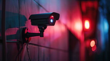 Black cctv security camera recording at night, placed on the house or home wall, video surveillance or protection, monitoring and observing property movement, crime prevention, red light