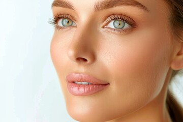 Radiant portrait of a young woman with long lashes and glowing skin, exuding beauty and confidence in a bright setting.