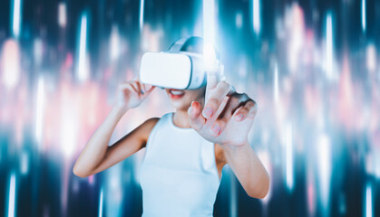 Female stand wear white VR headset and sleeveless connecting metaverse, future technology,...