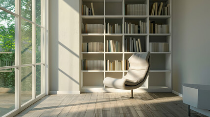 A serene library bathed in natural light, with tall bookshelves stocked neatly with books and a comfortable chair by the large windows, inviting a quiet reading time.