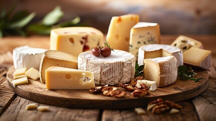 A wooden table with a variety of cheeses, including brie, cheddar, and gouda.