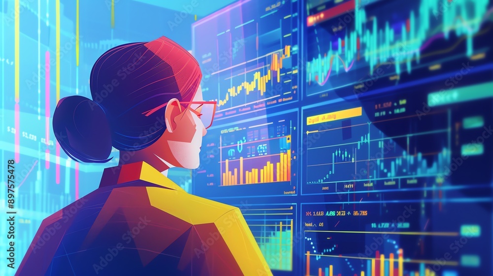 Poster confident business woman analyzing financial data displayed on multiple computer screens.