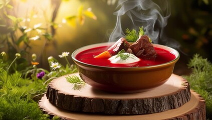 A hot plate of aromatic borscht sits on a rustic wooden board, surrounded by lush greenery and a few scattered wildflowers