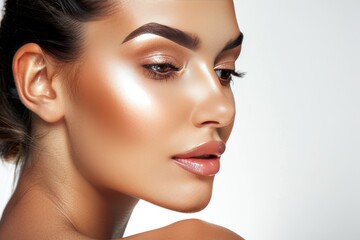 Striking portrait of a young woman with strong facial features and a confident expression, exuding elegance and poise in a minimalist setting.