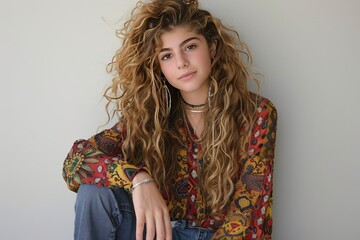 Natural portrait of a young woman with curly hair and a relaxed pose, exuding warmth and authenticity in a cozy setting.