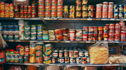 Obraz premium A shelf stacked with various canned goods showcasing a colorful variety of preserved foods.