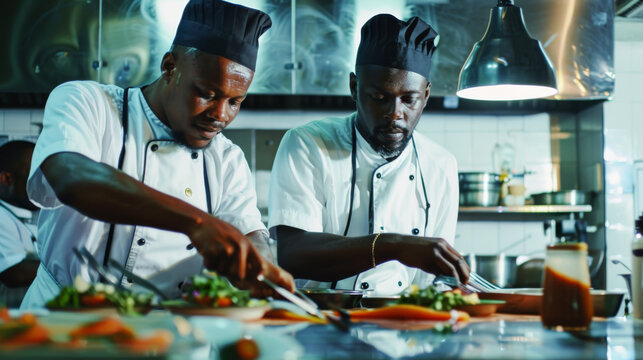 Two chefs work side by side in the kitchen, meticulously focusing on their craft, demonstrating mastery and passion for culinary art with their precise movements.